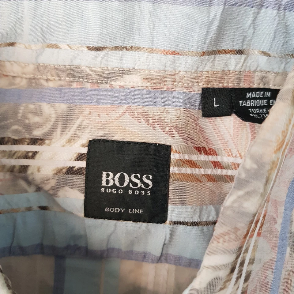 Hugo Boss Mens Shirt Large Blue Beige Stripe Patten Body Line Button Up - Image 4 of 4