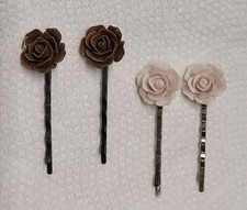 Vintage Pink Brown Rose Flower Bobby Hair Pins Barrettes Set Of 4