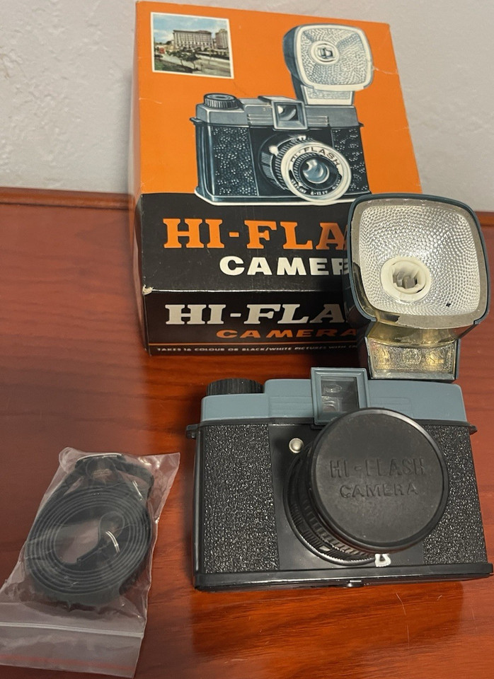 A boxed vintage Hi-Flash toy camera set that's equal parts prop, décor piece, and retro nostalgia trip — the complete-in-box presentation makes it genuinely giftable.