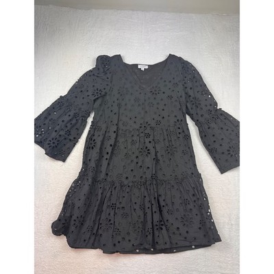 Mud Pie Black Eyelet Lace Tiered Mini Dress V-Neck Bell Sleeve Womens Size Med
