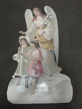 Antique Victorian Era Chromolithograph Christmas Angel with Children 17"x10"