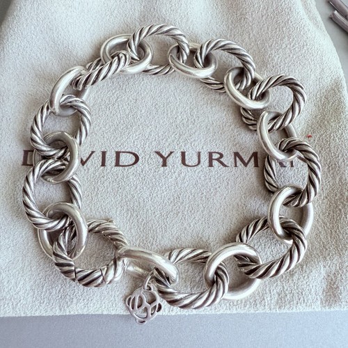 David Yurman Oval Cable Link Chain Sterling Silver Bracelet With DY Cham