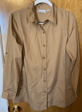 Joan Rivers dark khaki beige crisp button down tunic shirt Size Medium