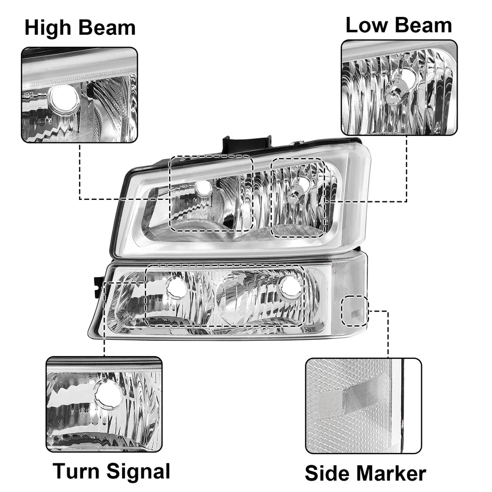 Headlights For 2003-2007 Chevy Silverado Avalanche Chrome+Signal Bumper Lamps - Image 4 of 4