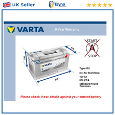 Car Battery H3 Varta 019 830A 100Ah 5Yr Warranty 353x175x190 Silver Dynamic