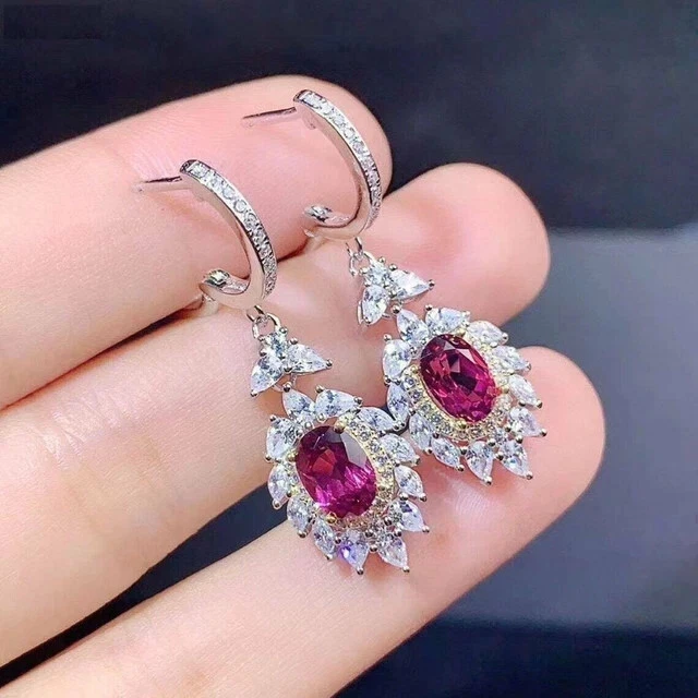 2CT Oval Lab Created Red Ruby Halo Drop Dangle Earrings In 14K White Gold Plated - Image 4 of 4