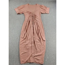 Free People Cinched Flowy Dress S Pink Deep V Neck Puff Sleeve Button Front