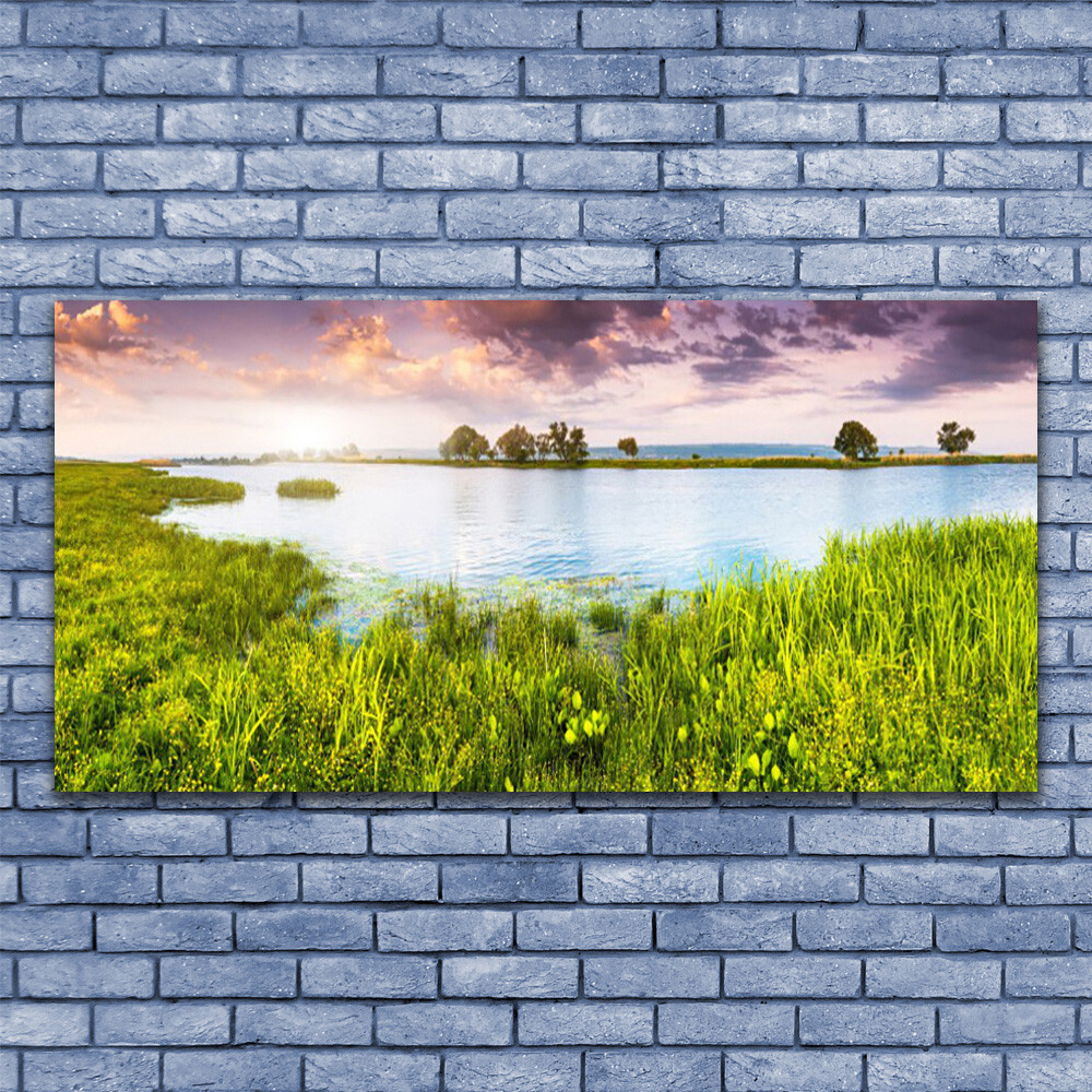 Tableau impression sur plexiglas nature paysage lac herbe grand format