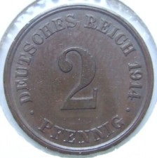 M&uuml;nze Deutsches Reich Kaiserreich 2 Pfennig 1914 J in Vorz&uuml;glich