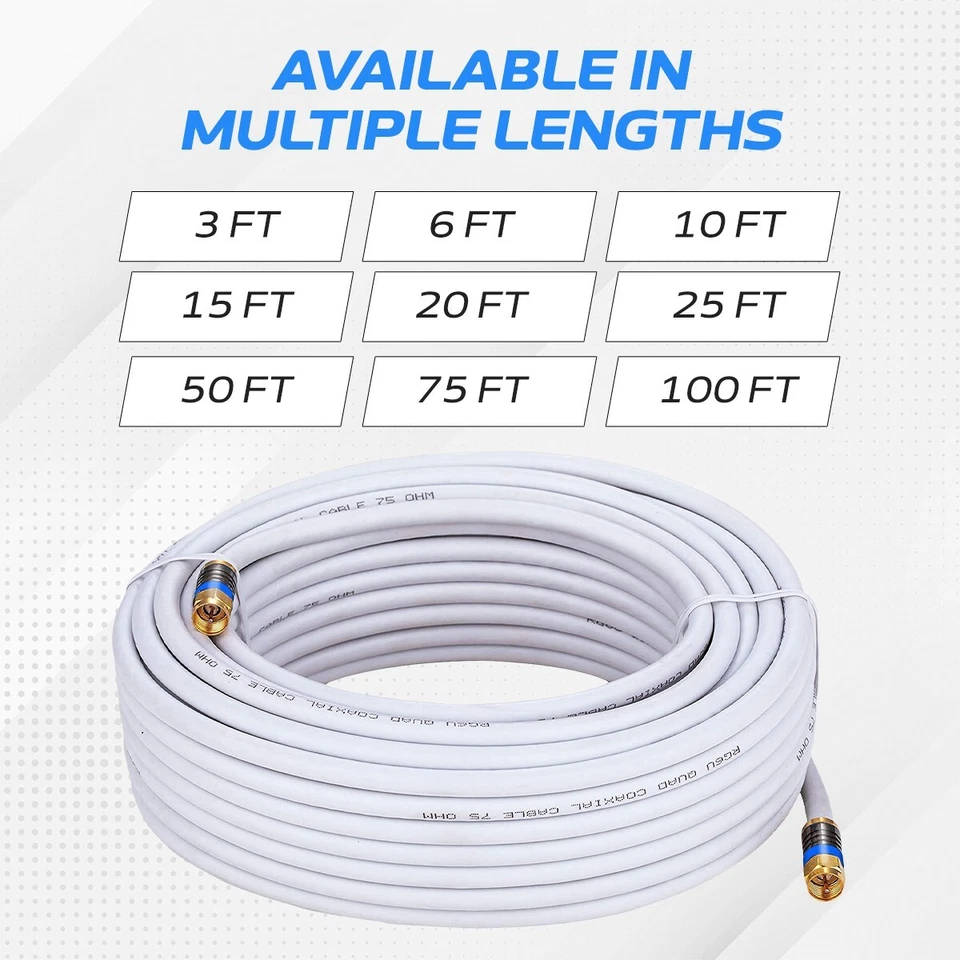 RG6 QUAD Shield Coax Cable Black TV Antenna Satellite 3ft-100ft Multi-Pack Lot - Image 3 of 4