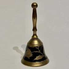 Vintage Solid Brass Black Enamel Leaves Motif Dinner Bell Made in India 4.25”