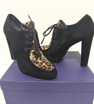 STUART WEITZMAN Suede Lace Up Pony Hair Panel Leopard Print Booties Loafer 9M