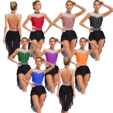 Women Dress Figure Leotard Carnival Costume Rhinestone Mock Neck Sleeveless