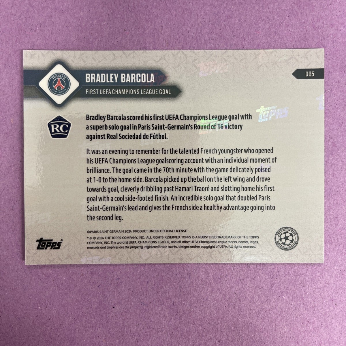 2024 Topps Now UCL Bradley Barcola #95 RC Rookie FIRST GOAL-PURPLE