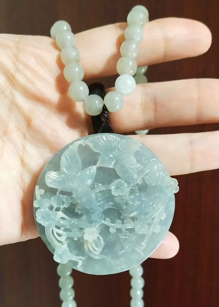Certified Grade A natrual blue jadeite jade birds flowers pendant beads chain