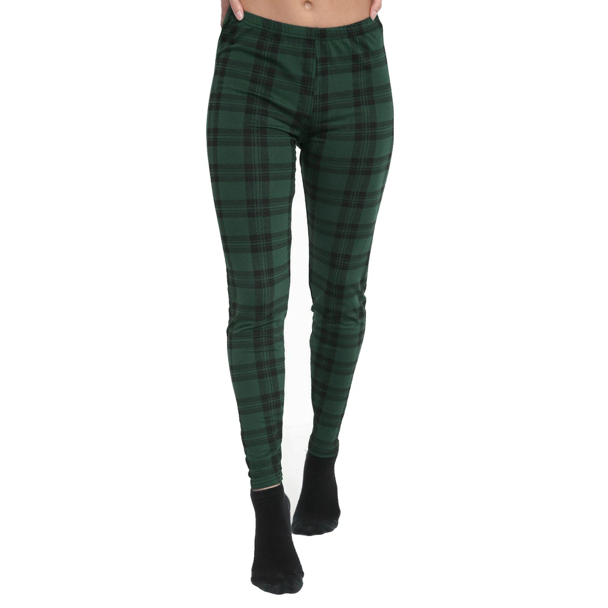 LADIES WOMENS BOTTLE GREEN WHITE TARTAN PRINT STRETCHY LEGGINGS SIZES UK 8 26