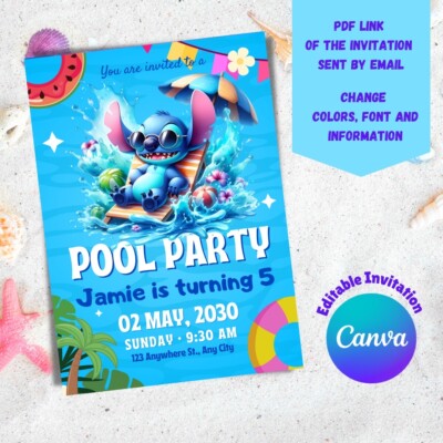 Pool Party Stitch invitation for birthday party digital invitation editable