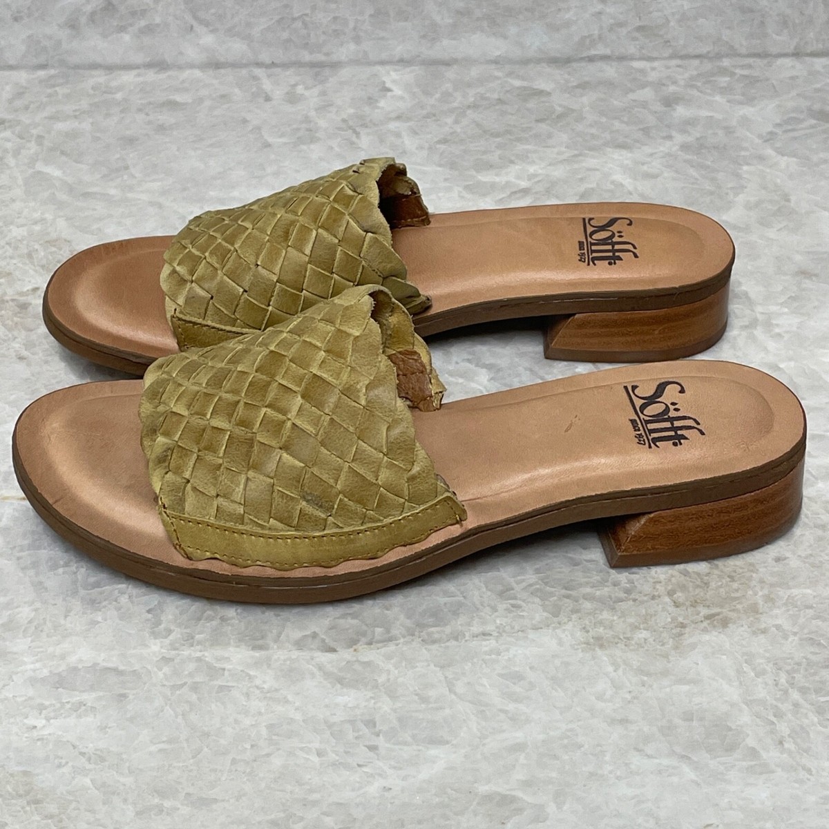 Sofft Ardee Slide Sandal Womens Green Leather Woven Peep-Toe Block Heel  Shoe