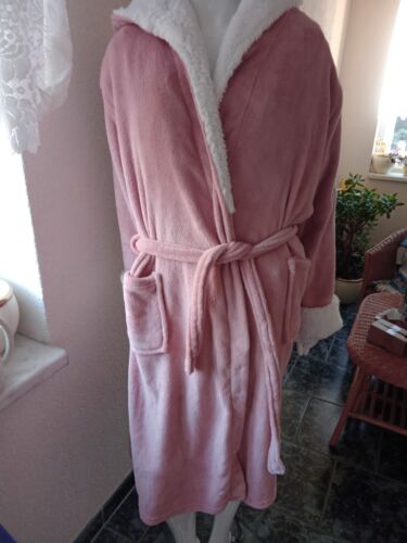 Damenbademantel Hausmantel Gr. L Bademantel mit Kapuze superweich rosa weiß - Bild 1 von 7