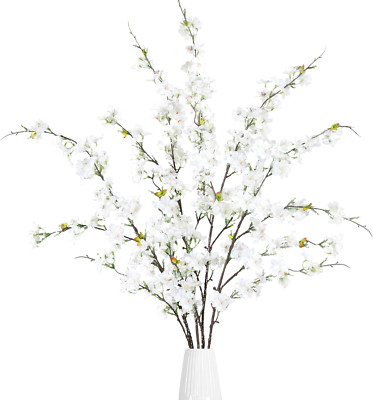 Artificial Cherry Blossom Flowers 4 Pcs Faux Cherry Blossom Stems Faux Silk C...