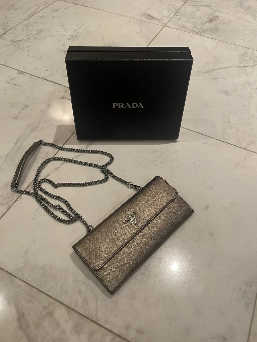 Rare Vintage Prada w Box Wallet On Chain Leather Purse Cross Body Bag Card Purse