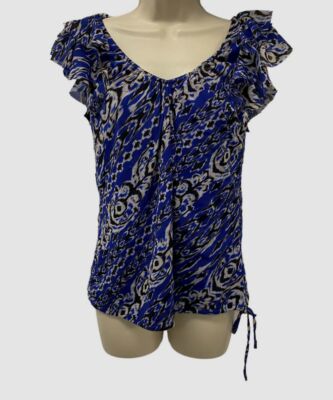 $70 INC Women's Blue Cap Ruffle Sleeve V-Neck Blouse Top Size Small