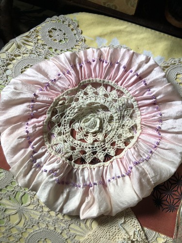 Vintage Antique 1900’s Pink Lavender Lace Crochet Embroidery Boudoir Cap Hat - Picture 7 of 12