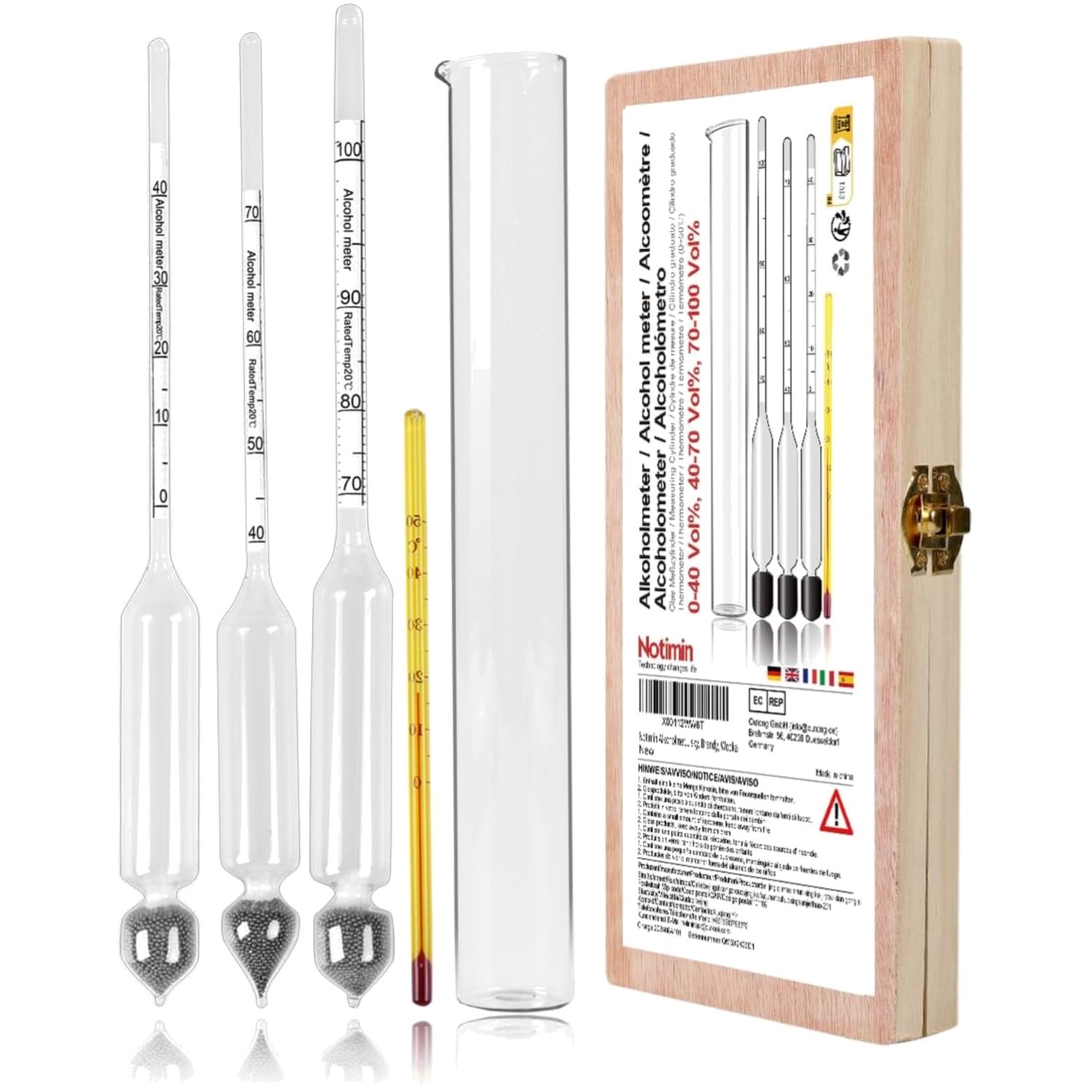 Alkoholmeter Set 3 Stück 0-100 Vol% Messzylinder Glas, Reinigungstuch