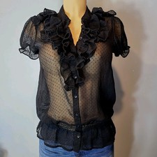 Y2k Womens Victorian Black Ruffle Trim Sheer Top Sz M Whimsigoth Coquette Fem