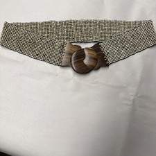 Wide Stretchy White Beaded Belt - Wooden Buckle - Womens Teak Wood