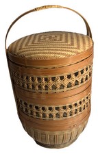 Vtg Chinese Wedding Basket 3 Tier Bamboo & Reed Woven Large Sturdy READ