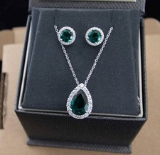 Large Lab Emerald Real Diamonds Pendant and Earrings Set XLT 14kt White Gold