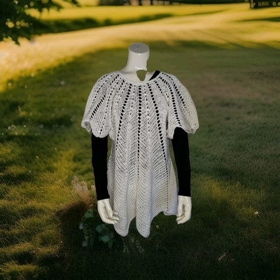 Pullover Tunika Weiß Gr. XXL Wolle Gehäkelt Kurzarm Handmade Unikat 