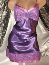 VTG SATIN SHINY GLOSSY BABYDOLL NIGHTGOWN NIGHTGOWN PINK PURPLE LACY M