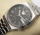 Vintage Seiko 5 Automatic Men's Watch Black Dial Transparent Back Case 34.2 mm