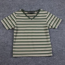 Copper Key Shirt Girls Medium Green White Beige Striped V Neck Short Sleeve