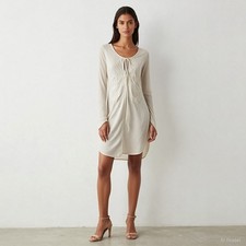 Boho Midi Dress White Cotton Shift Long Sleeve Tie Sequin Applique Hippie M