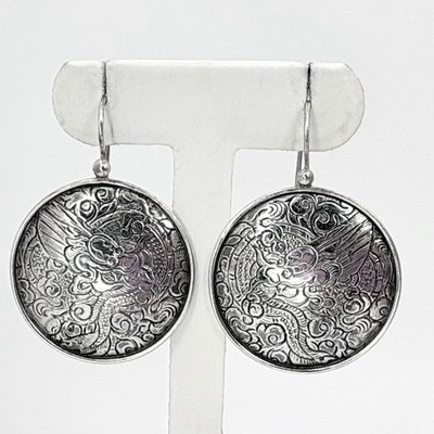 Silpada Ohrringe Sterlingsilber 925 geätzt asiatischer Drache Kreis Scheibe W1228 RAR