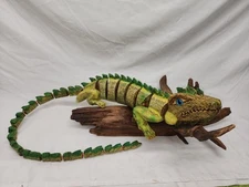 Hand Carved Segregated Wood Iguana sculpture Toy Handmade In Jamaica 44" Long
