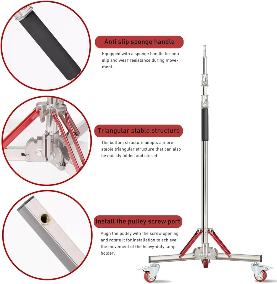 Suporte de luz de aço inoxidável resistente 10 pés com rodízios para fotografia de estúdio - Imagem 4 de 4