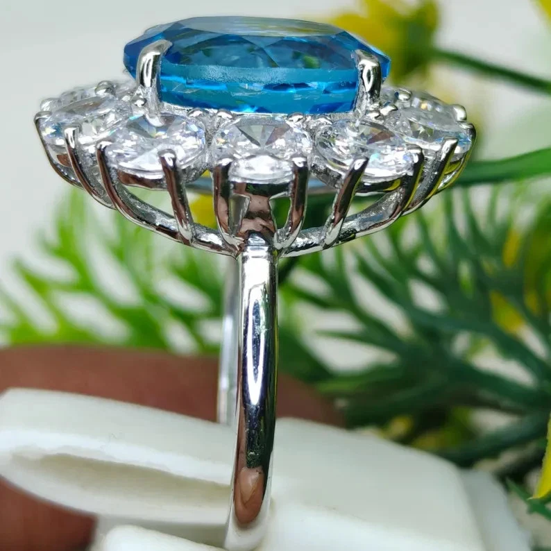 6.70 Ct Oval Cut Certified Natural Topaz & Diamond Real 18k White Gold Ring - Image 4 of 4