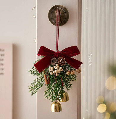 Christmas Door Hanging Swag with Bells Red Bow Holiday Wall Door Decor
