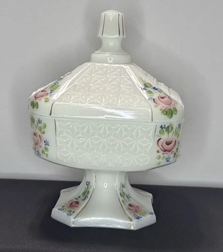 Vintage Westmoreland Milk Glass Hand Painted Floral Lidded Compote 7.5”