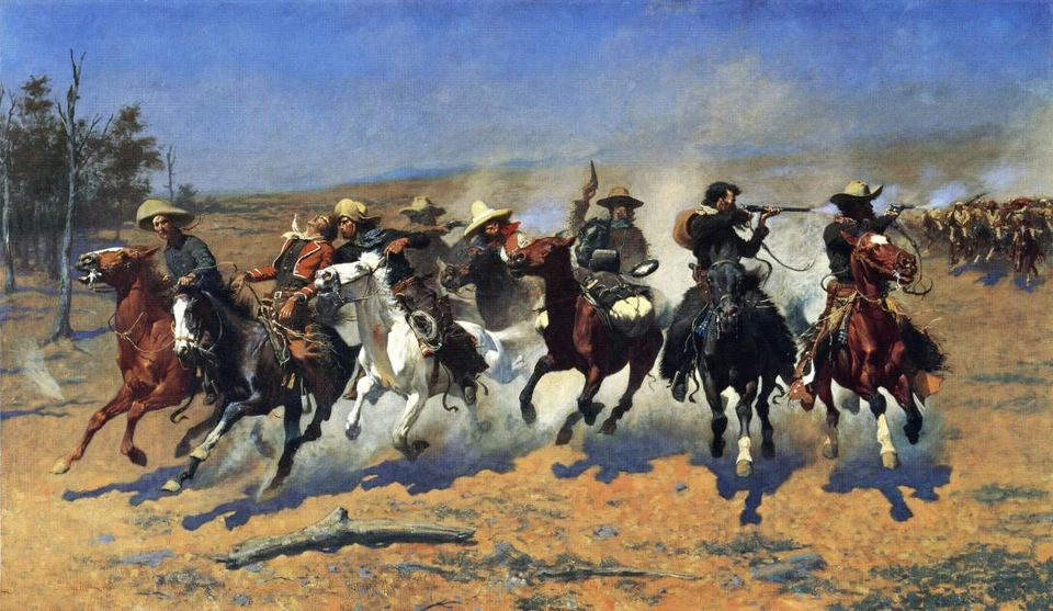 Oil painting Frederic-Remington-A-Dash-for-the-Timber cowboy cavalry horses art - Image 2 of 2