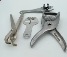 Vintage lot of 4 KITCHEN gadgets Hand Press, Bean Stringer, Sharpener, Hot Grip