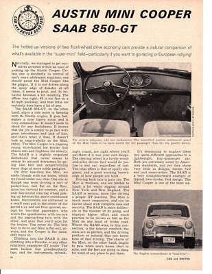 1963 SAAB 850-GT & AUSTIN MINI COOPER ~ ORIGINAL 6-PAGE ROAD TEST / ARTICLE / AD