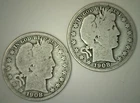 1908 S and O Silver Barber Half Dollars 50c 2 Coin Circulated