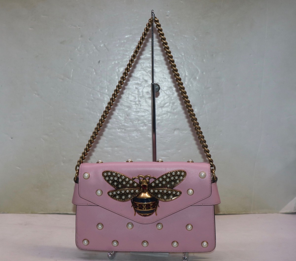 Gucci Pink Leather Pearl Studded Mini Broadway Bee Shoulder Bag | eBay