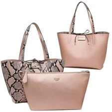 GUESS Bobbi Pink Snake Print Inside Out Reversible 3 in 1 Tote Handbag Set