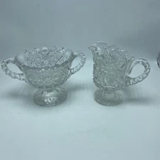 American Brilliant Cut Glass Crystal Creamer & Sugar Bowl Footed Handles Vintage